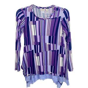 LOGO Lori Goldstein Tunic Top Size XS Striped Purple Lace Bottom Long Sleeve